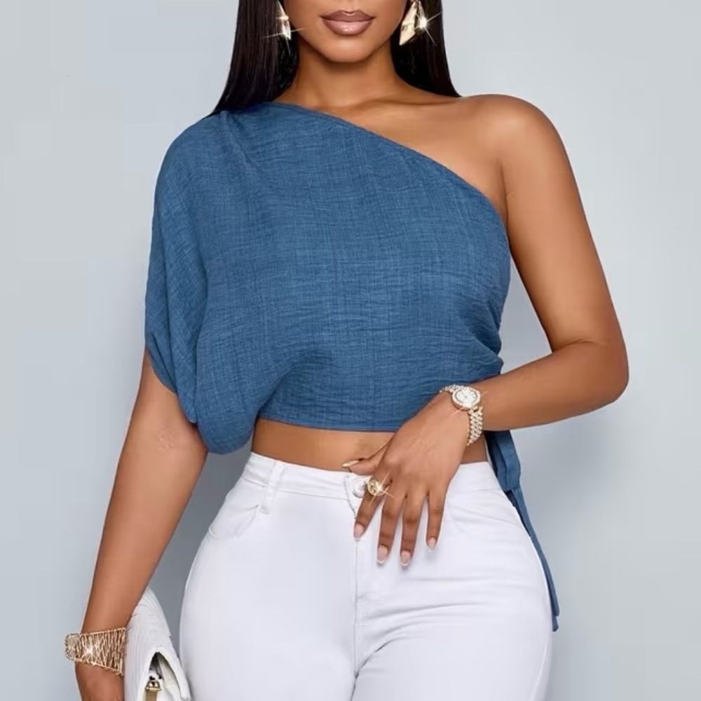 NWOT - One-Shoulder Blue Crop Top